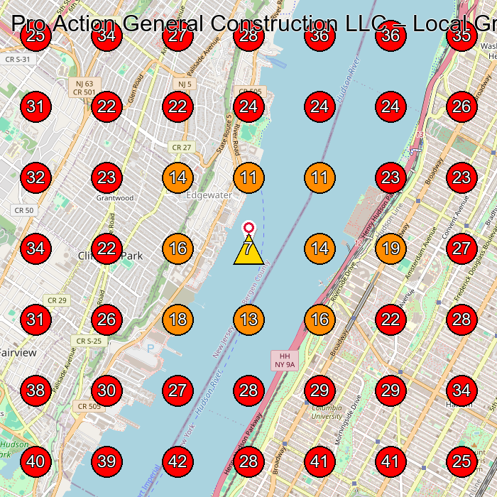 Pro Action General Construction LLC GeoGrid visibility map for Roofing Contractor in Edgewater
